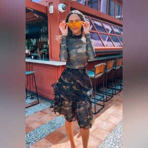 Sheer Camo Mesh Long Sleeve Top & Tiered Camo Skirt Set